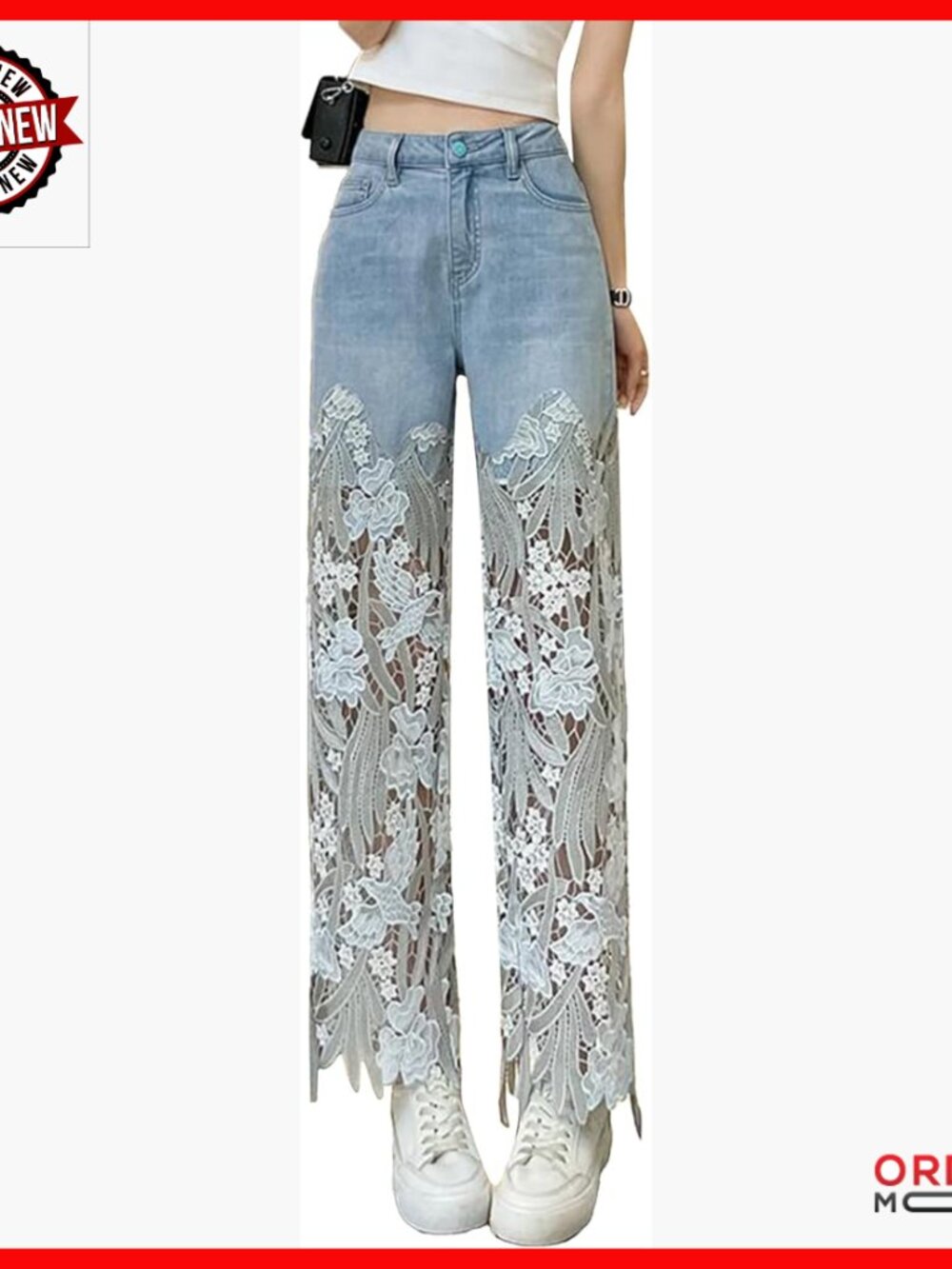 High Waisted Lace Denim Pants Asymmetric Floral Patchwork Ripped Straight Leg
